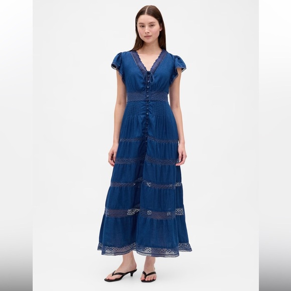 NWT GAP Navy Lace Detail Midi Dress, Blue, Flutter Sleeves, Button Down, Sz. XSP - Picture 1 of 16